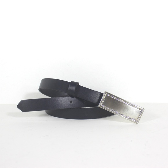 Skinny Black Leather Belt with Brushed Silver and Rhinestone Buckle - Picture 2 of 8